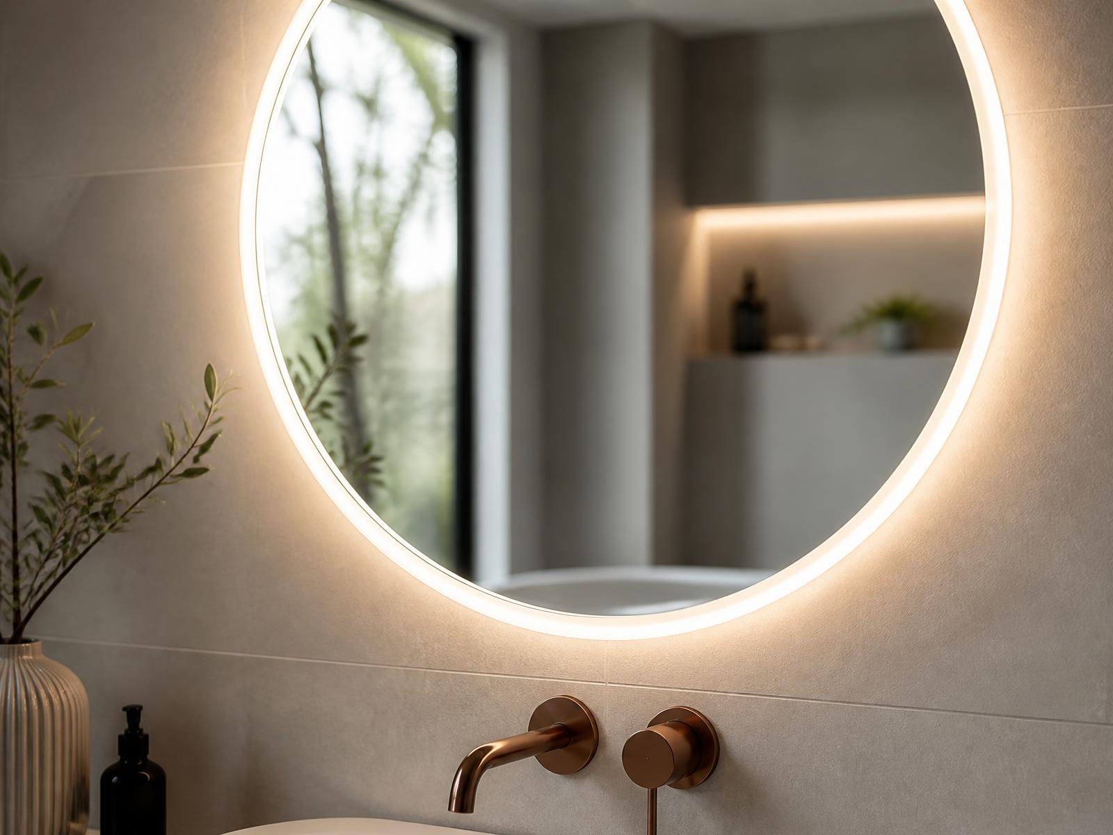 Detalj av rund väggbelyst badrumsspegel från Cabinex med varmvitt LED-ljus