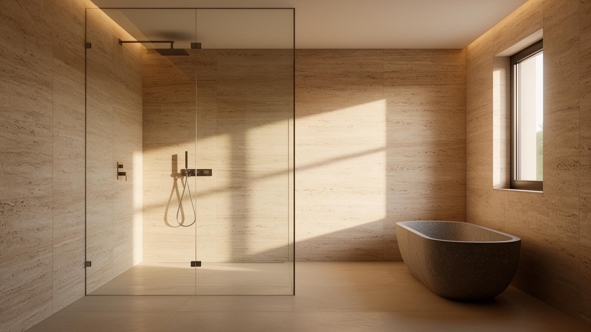 RoyalBath duschvägg i 8 mm säkerhetsglas med guldfärgade beslag i ljust badrum